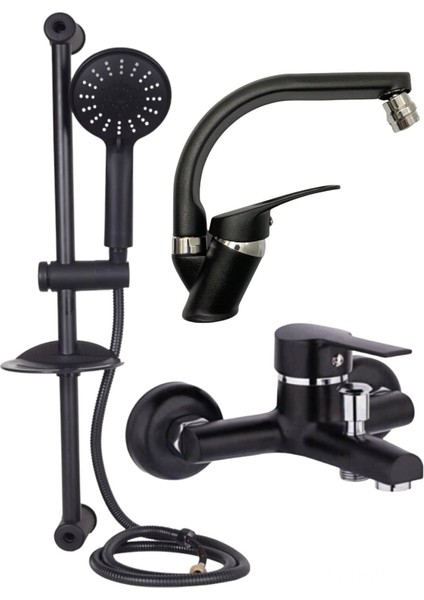 Siyah Sürgülü Duş Seti, Lavabo, Banyo Bataryası Musluğu Çeşmesi 3'lü Set