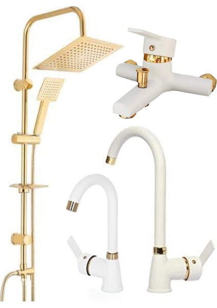 Gold Altın Kare Robot Seti, Beyaz Gold Banyo, Lavabo, Mutfak Bataryası Musluğu Çeşmesi 4'lü Set