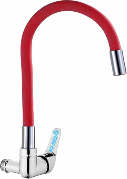 Duvardan Tek Su Çıkışlı Kırmızı Spiral Oynar Borulu Lavabo Mutfak Bataryası Muslugu Çeşmesi