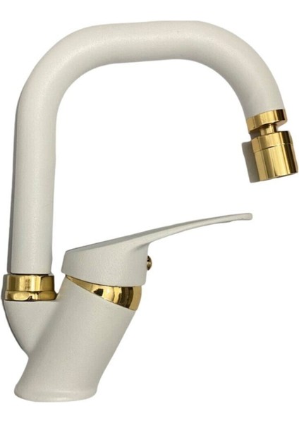 Beyaz Gold Banyo Lavabo Bataryası Musluğu Çeşmesi Oynar Başlıklı
