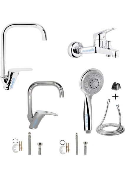 Köşe Borulu Mutfak Lavabo Banyo Bataryası Musluğu Duş Başlığı 4'lü Ful Set