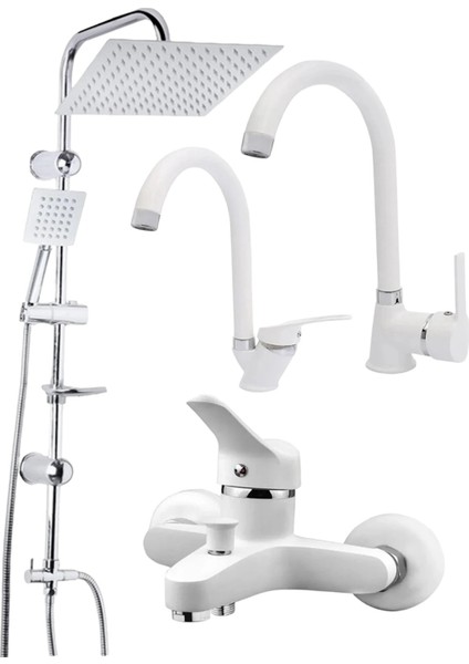 Beyaz Krom Robot Duş Seti Lavabo Banyo Mutfak Bataryası Musluğu 4'lü Set