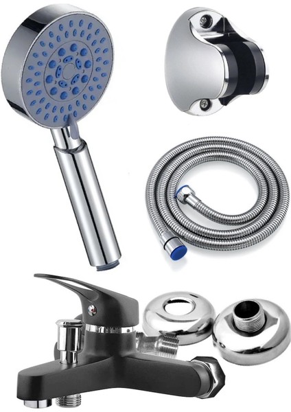 Siyah Duş Banyo Duş Bataryası Alo Duş Başlığı Hortum ve Mafsal Seti
