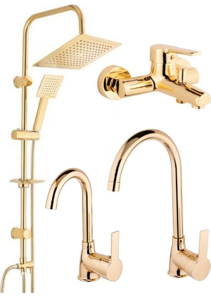 Gold Altın Kare Robot Duş Seti, Banyo, Mutfak Eviye ve Lavabo Bataryası Musluğu 4'lü Set