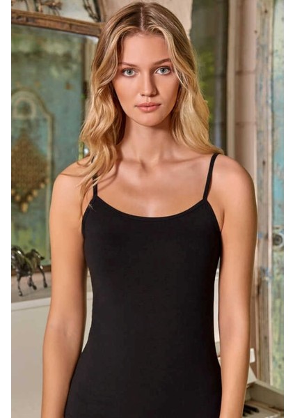 12'li (12 Adet) Siyah Licralı Ip Askılı Kadın Atlet