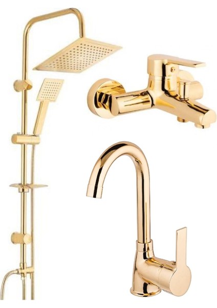 Gold Altın Kare Robot Duş Seti, Lavabo ve Banyo Bataryası Musluğu Çeşmesi 3'lü Set