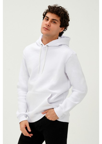 Unisex Kapüşonlu Kanguru Cep Regular/Standart Fit 3 Iplik Şardonlu Beyaz Sweatshirt