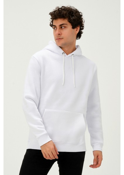 Unisex Kapüşonlu Kanguru Cep Regular/Standart Fit 3 Iplik Şardonlu Beyaz Sweatshirt fiyatları