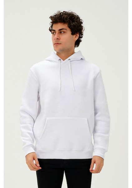 Unisex Kapüşonlu Kanguru Cep Regular/Standart Fit 3 Iplik Şardonlu Beyaz Sweatshirt fırsatları