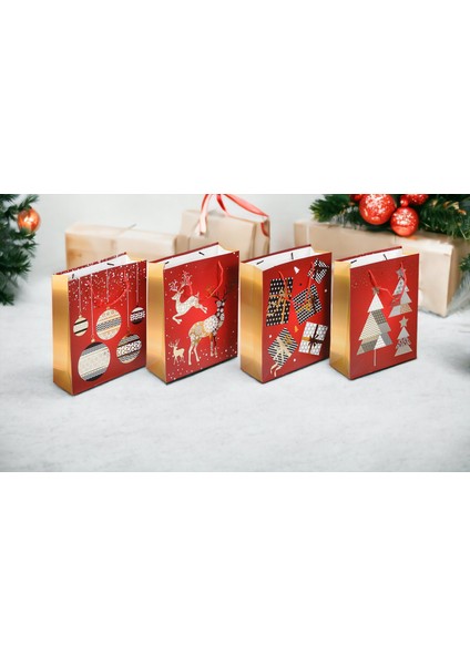 Roco Paper Yılbaşı Yeniyıl Karton Çanta Altın Varak Baskılı 26*32*10 cm 4 Adet modelleri