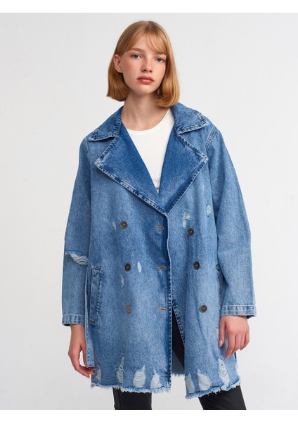 65336 Metal Düğmeli Denim Trençkot-Mavi