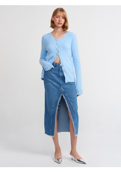 80560 Yırtmacı Püsküllü Uzun Etek-Mavi