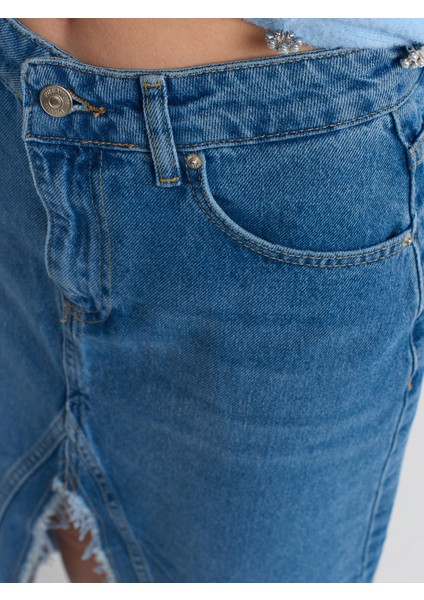 80560 Yırtmacı Püsküllü Uzun Etek-Mavi fırsatları