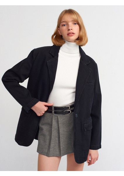 65339 Kruvaze Yaka Siyah Denim Ceket-Siyah