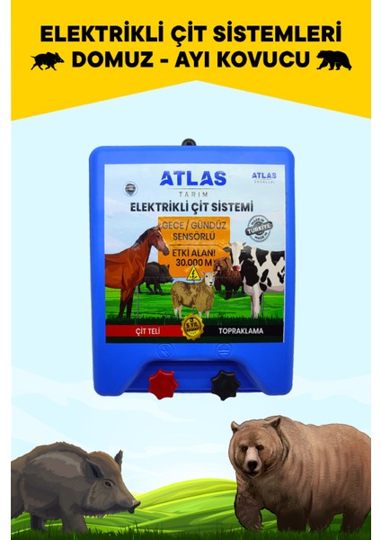 ATLAS ELEKTRİKLİ ÇİT CİHAZI DOMUZ AYI KOVUCU 5 YIL GARANTİ