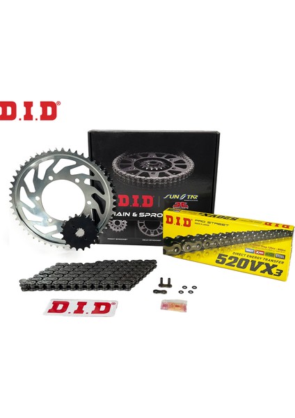 Zincir Dişli Seti Yamaha Yzf R25 (250 Cc) (2015-2022) / Zincir : DID-520VX3 (ÇELIK)-112 / Dişli: Sunstar (14T) - Jt (43T) / Yamaha / Yzf R25 / 250CC / 2015-2016-2017-2018-2019-2020-2021-2022