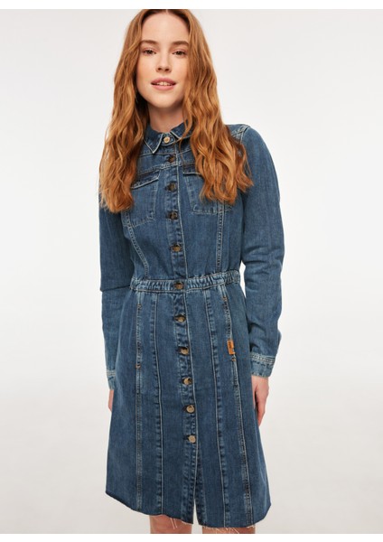 Bisiklet Yaka Indigo Orta Kadın Elbise DT10100 Orta Indigo modelleri