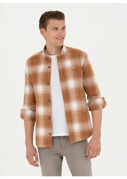Comfort Fit Düğmeli Yaka Hardal Erkek Gömlek Turlas