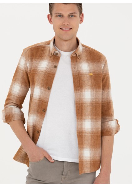 Comfort Fit Düğmeli Yaka Hardal Erkek Gömlek Turlas modelleri