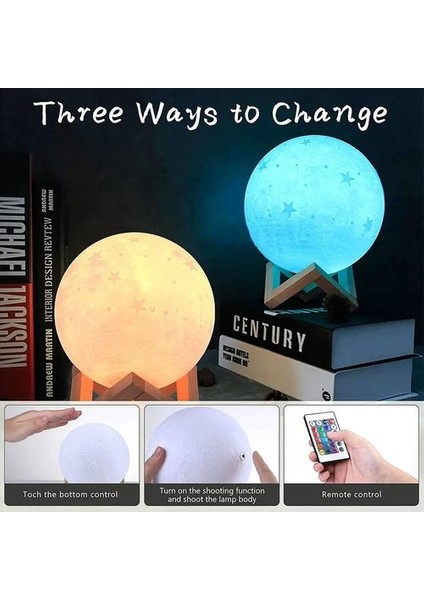 3D Ay Lambası 20 cm 16 Renkler, USB Şarj Edilebilir Dokunmatik Ekran Ay Gece Işık Rgb Yıldız Desenleri Yatak Odası Oturma Odası Cafe Doğum Günü Noel Hediyesi Için, (Beyaz) (Yurt Dışından)