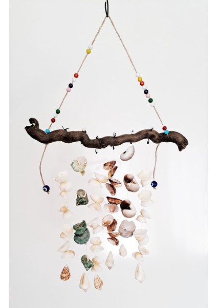 Deniz Kabuğu Sarkıtlı Ağaç Kafalı El Yapımı Rüzgar Çanı 12X40 cm - RZG26