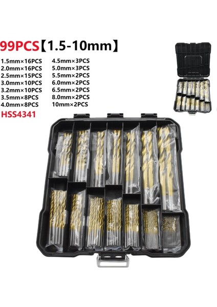 SH-HSS4341-99PCS 13/19/25PCS 1.0-13MM Hss Ti Kaplamalı Matkap Ucu Seti Metal Ağaç Işleme Sondaj Elektrikli El Aletleri Aksesuarları Demir Kutuda (Yurt Dışından)