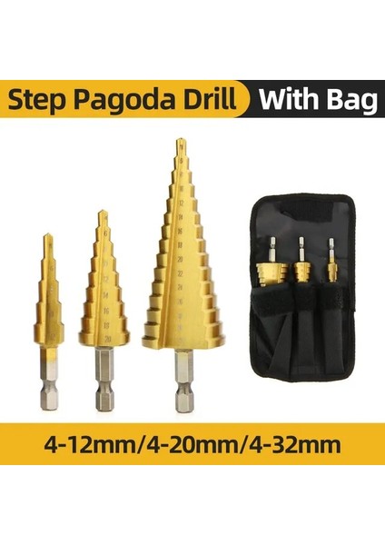 4-12 4-20 4-32 Torba Hss Titanyum Adım Matkap Ucu Metal Ahşap Için Konik Kademeli Matkap Yüksek Hızlı Kademeli Matkap Seti Elektrikli El Aletleri 3-12 4-12 4-20 4-32MM (Yurt Dışından)