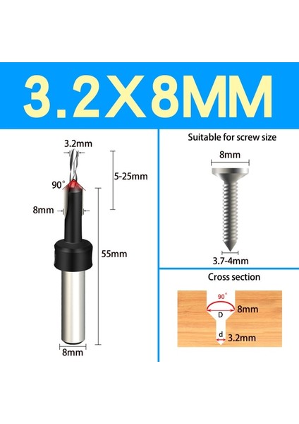 3.2x8 5 Adet DIA.6-14MM Havşa Matkap Ağaç Işleme Matkap Ucu Sondaj Pilot Delikler Vida Karşı Delik Matkap Vida Havşa 8 mm Shank (Yurt Dışından)