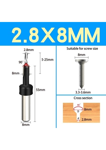 2.8x8 1 Adet DIA.6-14MM Havşa Matkap Ağaç Işleme Matkap Ucu Sondaj Pilot Delikler Vida Karşı Delik Matkap Vida Havşa 8 mm Shank (Yurt Dışından)