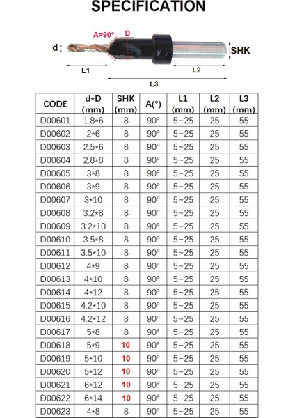3.2x8 5 Adet DIA.6-14MM Havşa Matkap Ağaç Işleme Matkap Ucu Sondaj Pilot Delikler Vida Karşı Delik Matkap Vida Havşa 8 mm Shank (Yurt Dışından) modelleri