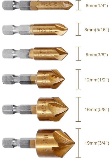 12-19MM Altıgen 5 Flüt Hss Havşa Matkap Ucu Seti 1/4 ''hex Shank Havşa 90 Derece Ağaç Işleme Pah Kırma Kesici Pah 6-19MM (Yurt Dışından) fırsatları