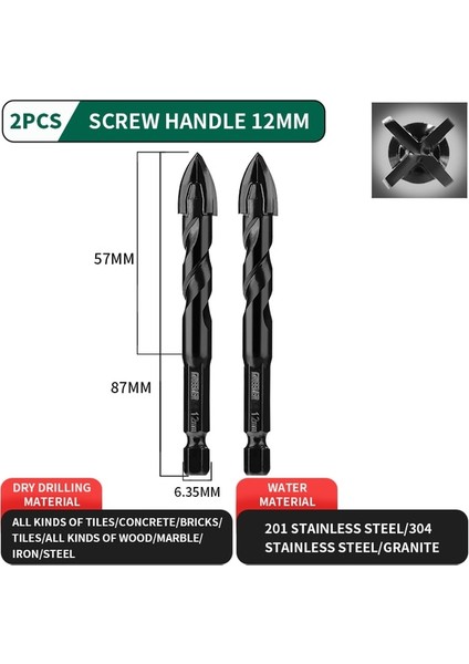 12MM 2 Adet B Yeşil Tungsten Karbür Cam Matkap Ucu Seti Alaşım Karbür Noktası 4 Kesme Kenarları ile Kiremit Cam Çapraz Mızrak Kafa Matkap Uçları (Yurt Dışından)