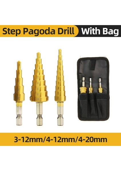 3-12 4-12 4-20 Torba Hss Titanyum Adım Matkap Ucu Metal Ahşap Için Konik Kademeli Matkap Yüksek Hızlı Kademeli Matkap Seti Elektrikli El Aletleri 3-12 4-12 4-20 4-32MM (Yurt Dışından)