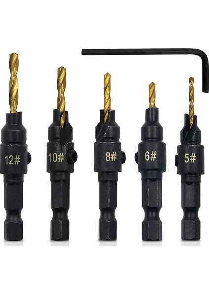 Titanyum Kaplama 5 Adet Havşa Matkap Ağaç Işleme Matkap Ucu Seti Sondaj Pilot Delikler Vida Boyutları #5 #6 #8 #10 #12 (Yurt Dışından)