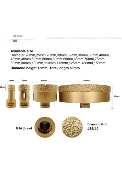 1 Adet 60MM, M14 Iplik Shdıatool Elmas Sondaj Karot Ucu Kuru Vakum Braze M14 Kiremit Duvar Delik Açıcı Testere Kesici Taç Granit Mermer Taş Seramik (Yurt Dışından)