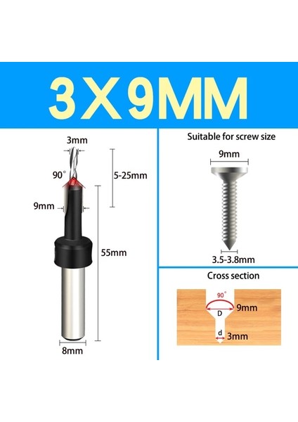 3x9 5 Adet DIA.6-14MM Havşa Matkap Ağaç Işleme Matkap Ucu Sondaj Pilot Delikler Vida Karşı Delik Matkap Vida Havşa 8 mm Shank (Yurt Dışından)