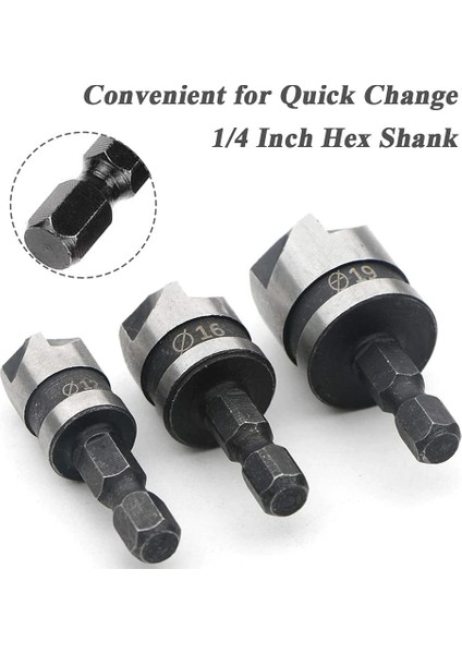 3 Adet 3 Adet Set 12/16/19MM Havşa Sıkıcı Matkap Ucu Seti Ahşap Metal Hızlı Değişim Matkap Ucu Aracı Pah Matkap Aracı (Yurt Dışından)