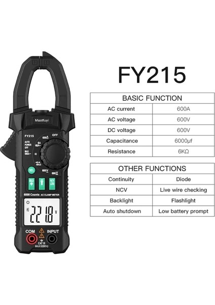 FY215 Ac Dc Gerilim Dijital Multimetre Pens Metre Amperometrik True Rms Kapasite Ncv Ohm Hz Test Cihazı Voltmetre Pense Ampermetre (Yurt Dışından)