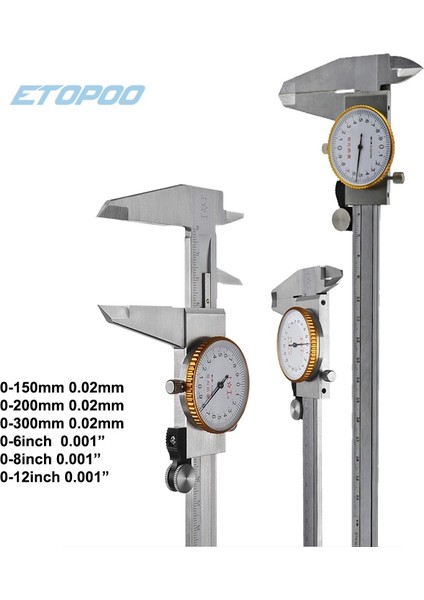 12IN 0.001 Inç 0-150MM/200MM/300MM Paslanmaz Çelik Metal Sürmeli Kumpas Kadranlı Kumpas 0.02MM Darbeye Dayanıklı Mikrometre Ölçer Ölçüm Mikrometr (Yurt Dışından)