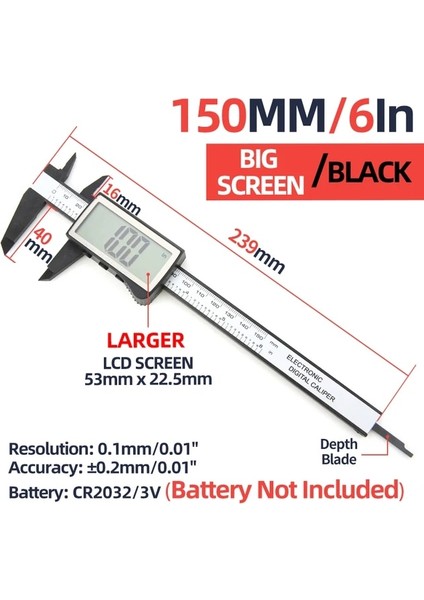 Büyük Ekran BLACK150 Plastik Dijital Kumpas Karbon Fiber Metrik Elektronik Sürmeli Kumpaslar Ağaç Işleme Aletleri Mikrometre Ölçer Ölçüm Aletleri (Yurt Dışından)