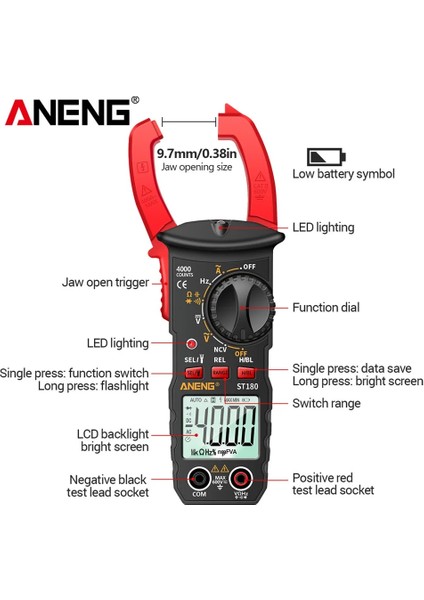 ST180 Kırmızı ST180 4000 Sayım Dijital Pens Metre Ac Akım Multimetre Ampermetre Gerilim Test Cihazı Araba Amp Hz Kapasite Ncv Ohm Aracı (Yurt Dışından)