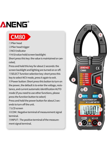 CM80 Siyah Kutulu Aneng Kırmızı Siyah Iki Renkli CM80 Kelepçe Multimetre 4000 Sayım Metre Ampermetre Gerilim Test Cihazları Araba Hz Kapasite Ncv Ohm Test Araçları (Yurt Dışından)