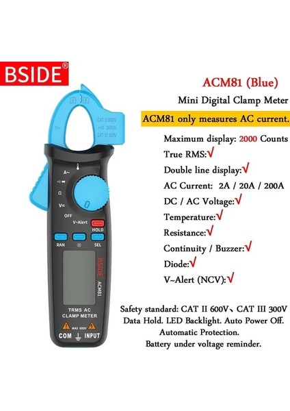 ACM81-BLUE Bsıde True Rms Pens Metre 1ma Pense Ampermetre Profesyonel Araba Tamir Dijital Multimetre Dc Ac Akım Volt Sıcaklık Kapasitör Test Cihazı (Yurt Dışından)