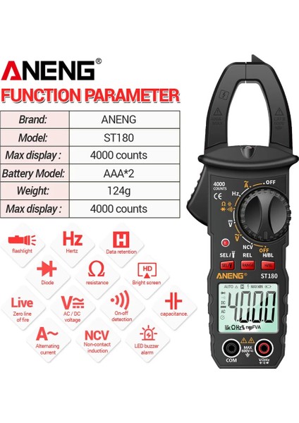 ST180 Sarı (Kutu) Aneng ST180 Profesyonel Dijital Ampermetre Pensesi 4000 Sayım Multimetre Ampermetre Gerilim Test Cihazı Araba Amp Hz Kapasite Ncv Ohm Testi (Yurt Dışından)