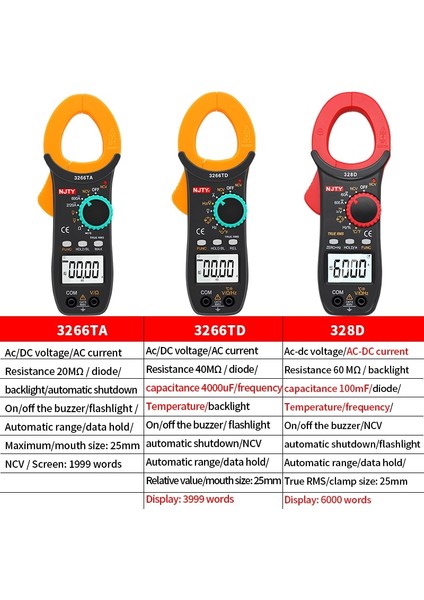 3266TA Njty Dijital Pens Metre 600A Dc/ac Akım Otomatik Aralığı Multimetre 6000 Sayım Voltmetre Ampermetre Pense Ncv Ohm Elektrikçi Araçları (Yurt Dışından) fırsatları