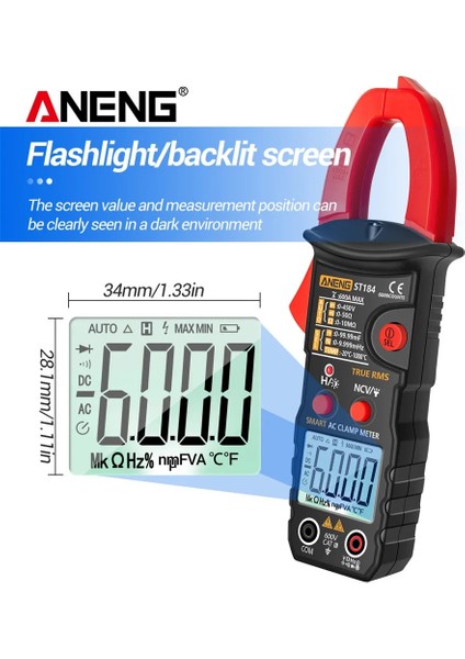 ST184 Sarı Aneng ST184 6000 Sayım Dijital Profesyonel Multimetre Pens Metre True Rms Ac/dc Gerilim Test Cihazı Ac Akım Hz Kapasite Ohm (Yurt Dışından)