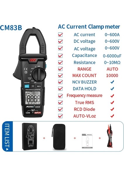 CM83B Mestek Dijital Pens Metre Dc Ac 600A Akım Kelepçesi Gerilim 6000 Sayım Pinza Amperimetrica Ncv Otomatik Aralığı Rms Pense Ampermetre (Yurt Dışından)