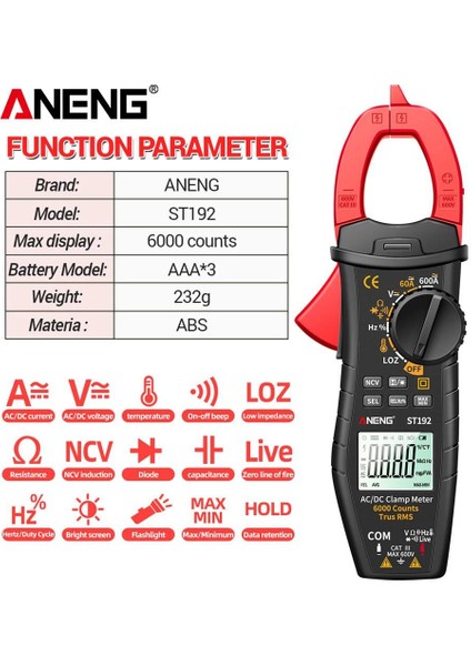 ST191 Aneng ST192 Dijital Pens Metre Multimetre 60A/600A Test Cihazı Ac/dc Akım 6000 Sayımlar True Rms Kapasite Ncv Ohm Hz Transistör (Yurt Dışından)
