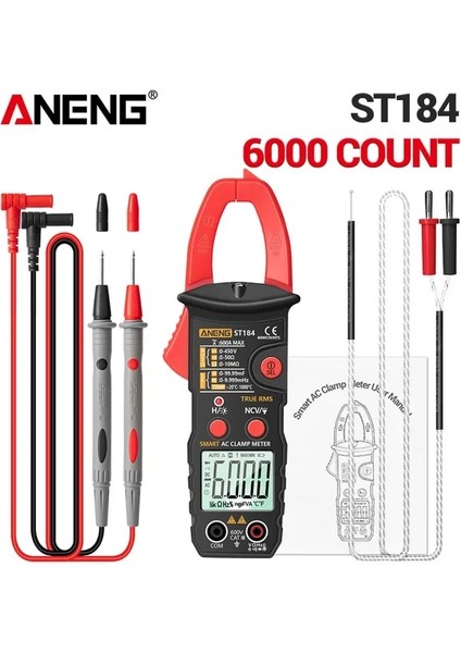 ST184 Kırmızı Aneng ST184 Dijital Multimetre True Rms 6000 Sayımlar Profesyonel Ölçüm Pens Metre Ac/dc Gerilim Ac Akım Ohm Test Cihazları (Yurt Dışından)
