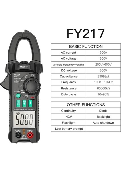 FY217 Dijital Pens Metre Multimetro Dc Ac Pense Ampermetre Voltmetre True Rms Akım Kelepçesi Kapasite Hz Ncv Ohm Amperometrik Kelepçe (Yurt Dışından)